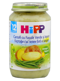 HiPP Meniu cu carne, Cartofi cu fasole vrde si carne de Iepure (12 luni) 220 g /6853/